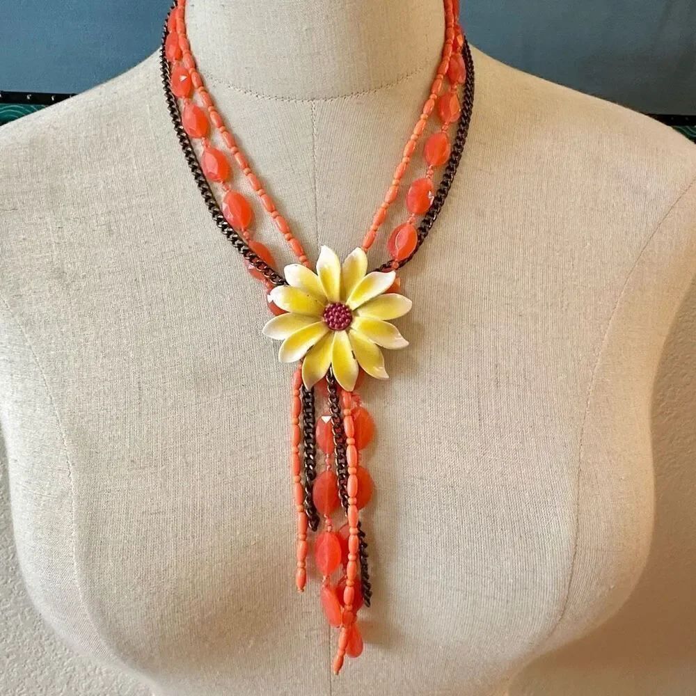 LUCKY BRAND Brass & Orange Beaded Necklace with Enameled Flower Center